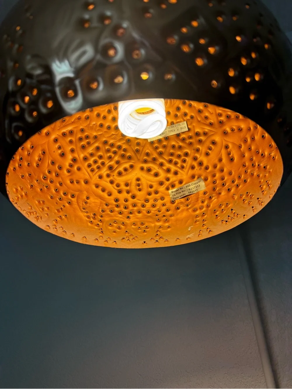 Copper Perforated Sunburst Hanging Lamp ~ RARE